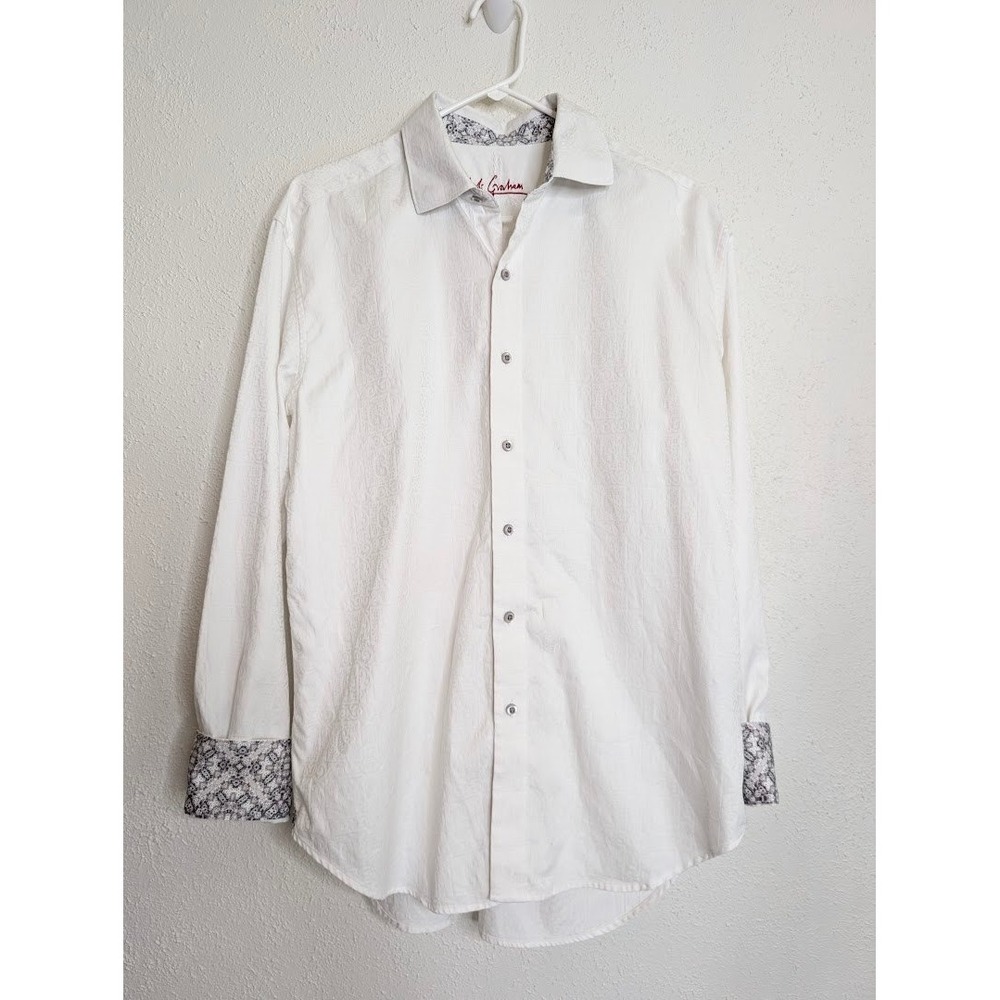 Robert Graham Mens Button Down Shirt Large White Paisley Jacquard Flip Cuff